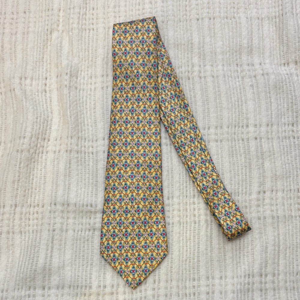 Hermes Paris Elegant Multicolor Patterned  Silk Tie Yellow Blue